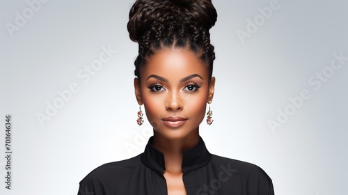 portrait of a beautiful black woman with a bun hairstyle photo