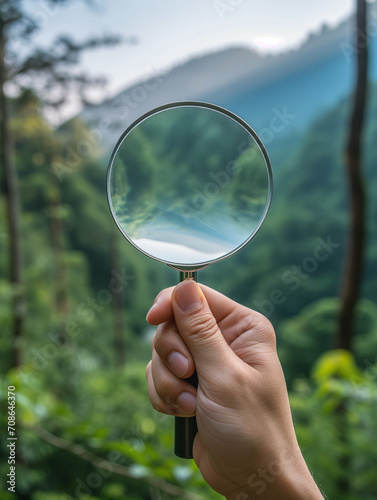 Good air quality outdoors. Hand holding a magnifying glass to check the good air quality at the green level safe from pollution dust PM 2.5.good air quality at beautiful summer landscape. AQI