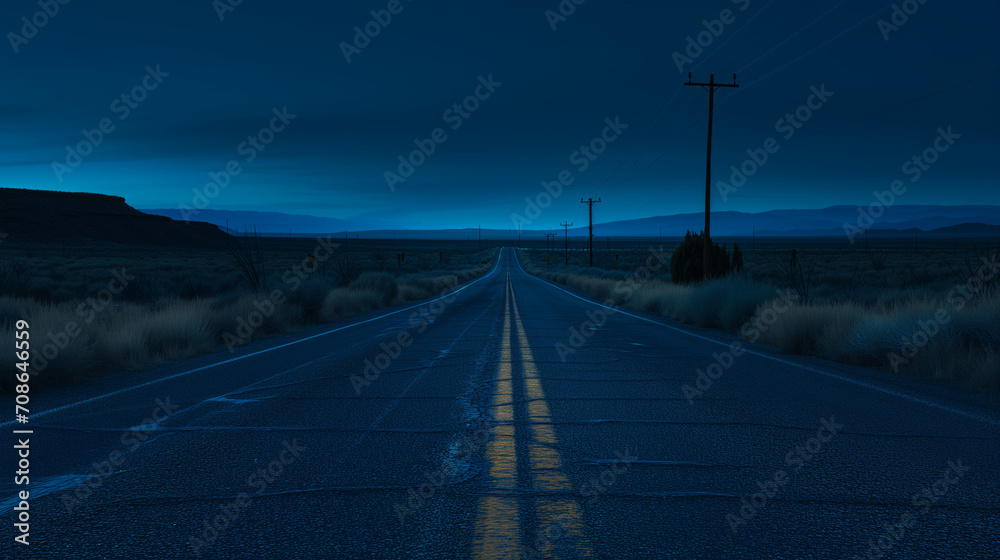 Front view of desert road, camera from the street front , the camera looks at desert road as the morning sky goes from dark to blue, 5AM night, comic style, focal lenght 1.0, comic strip style, wide s