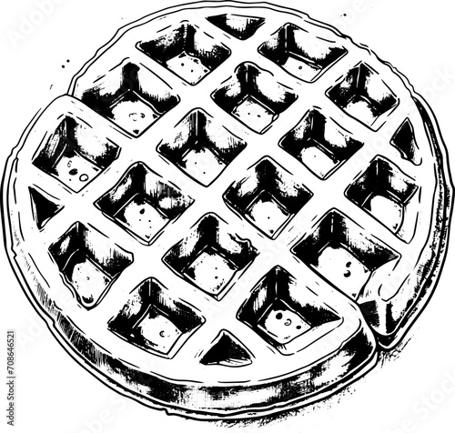 Belgian round waffle in sketch style, vector illustration. Design for logo, packaging, cafe, advertising materials.

