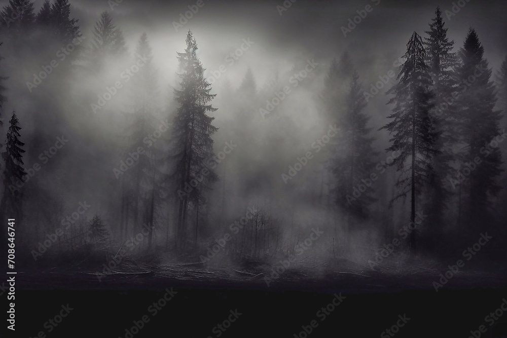 Foggy forest. Dark foggy landscape with coniferous trees