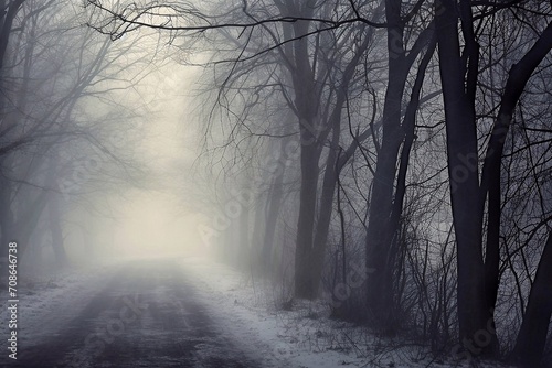 Mysterious foggy winter forest with bare trees and asphalt road