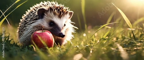 Hedgehog with an apple in the green grass. Bright sun on the background.