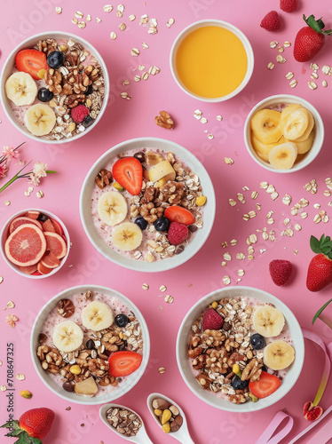 Set of different tasty breakfast cereals on pink background, top view