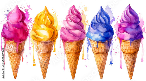 Ice cream of different colors in a waffle cone on a white background. Many different flavors such as strawberry, vanilla and caramel. Garnished with fruit. Advertising for an ice cream parlor.