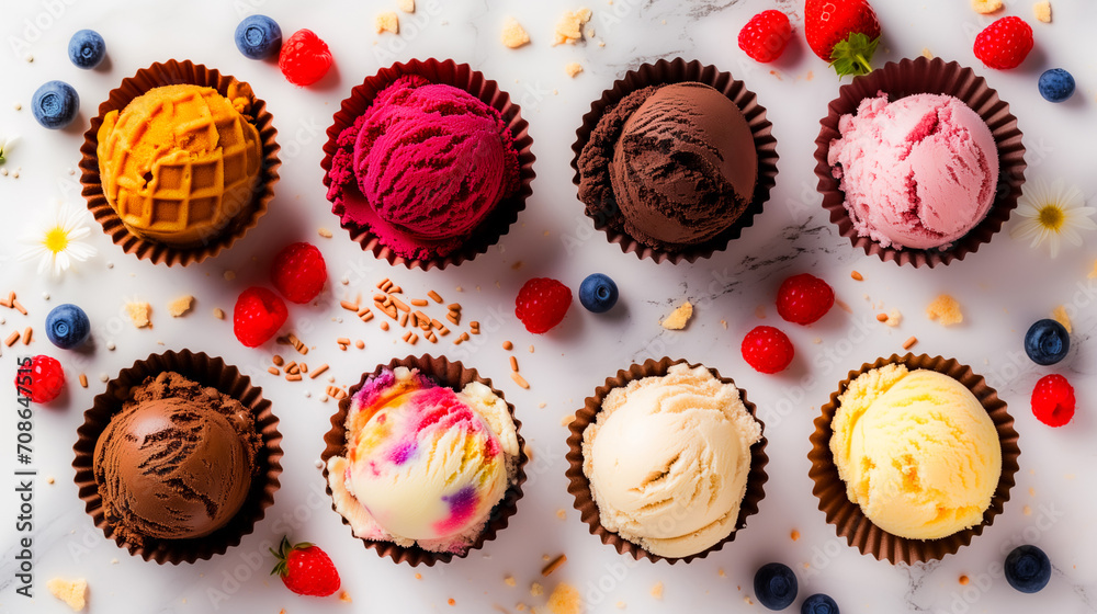 Different ice cream flavors on a white background garnished with fruits. Summer ice cream enjoyment. Different ice cream flavors on a white background garnished with fruits. Summer ice cream enjoyment.
