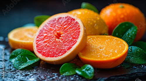 Close-up of grapefruit and oranges with leaves and  juice drops.