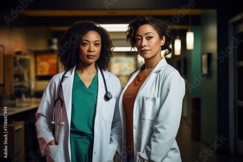 Two Professional Medical Colleagues in Hospital. Two medical professionals in a hospital setting, exuding a calm and competent demeanor