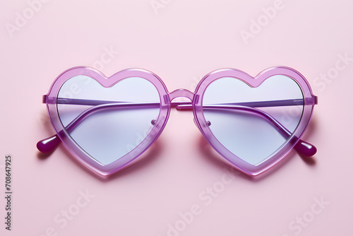 Violet heart shaped sunglasses on pastel pink colored background