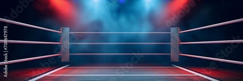 Empty professional boxing ring in the dark, illuminated spotlight. Sport background. © Yuliia