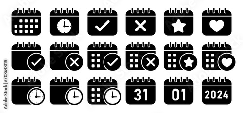 Calendar 2024 icon set in black color flat style. Vector icon page calendar with, planning, 1st 31st, timer, heart, star, and cancel icon. Vector Icon