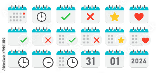 Calendar 2024 icon set in blue color, Vector icon page calendar with, planning, 1st 31st, timer, heart, star, and cancel sign. Vector Icon