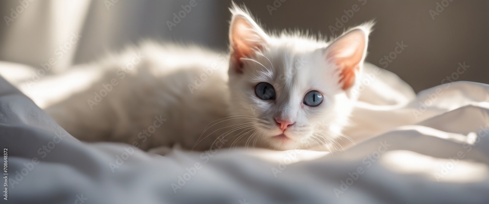 A little white kitten with blue eyes in a snow-white bed.