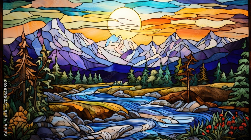 Stained glass window background with colorful, landscape with a lake.