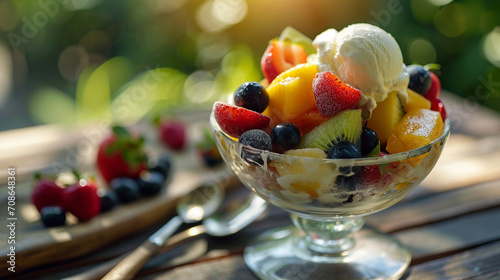 fresh fruit salad and ice cream on the background of nature.