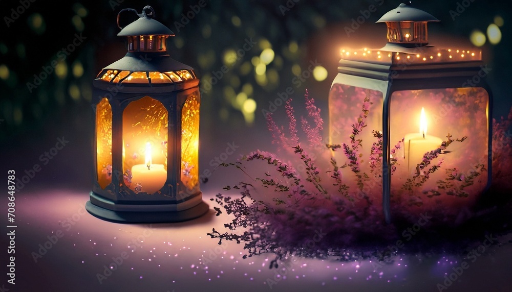 night scene with lantern and lavender night scene with lantern and lavender