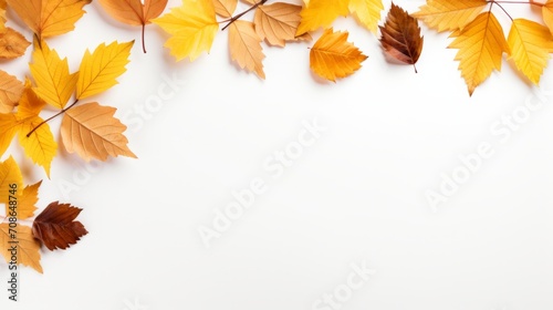 autumn leaves on white background with copy space