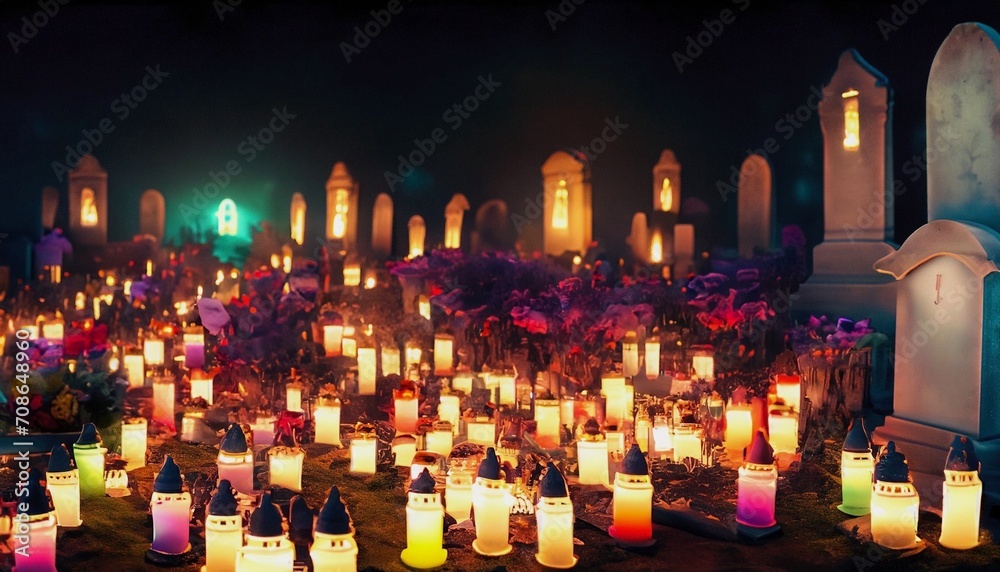 night cemetery with candles suitable as background or cover