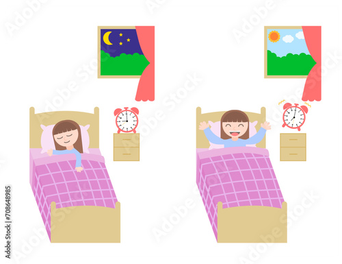 Girl wake up in the morning and sleeping on tonight.Going to bed.Health care cand insonia concept.Character.Woman full sleeps in bedroom.Night and morning.Mental health.Cartoon vector illustration.