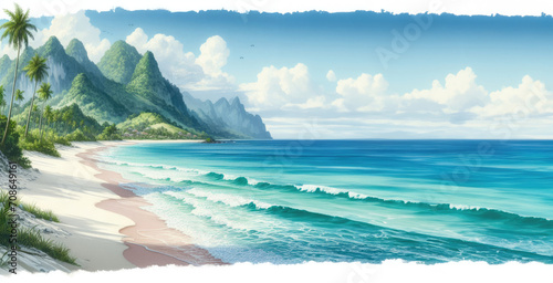 The azure ocean and the beach. Mountains in the background. Watercolor drawing. photo