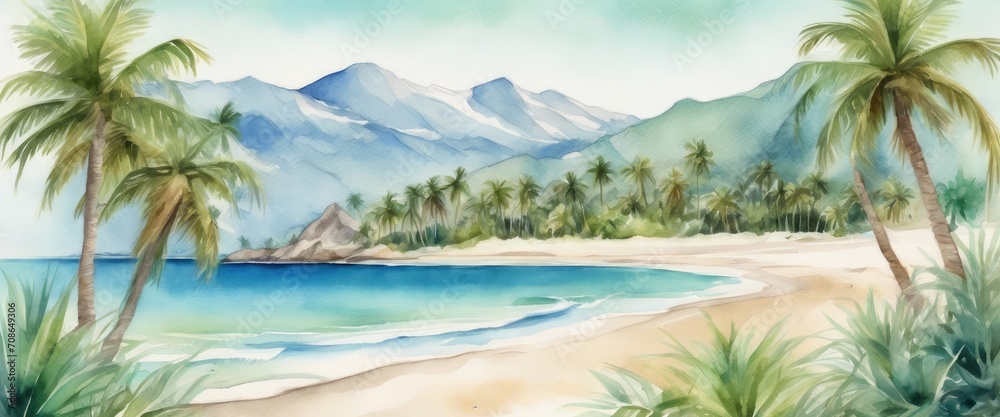 The blue ocean and palm trees on the shore. Green mountains on the background. Watercolor drawing. - obrazy, fototapety, plakaty 