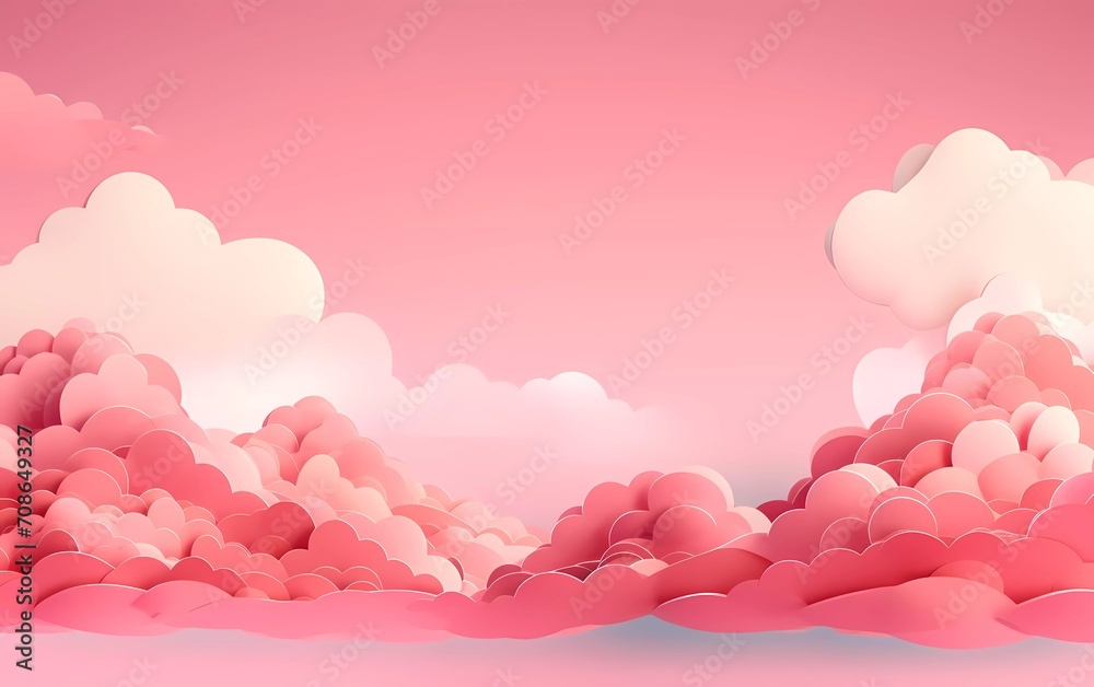 Horizontal banner with pink sky and paper cut clouds. valentine's day concept. generative ai