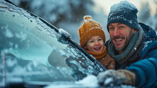 Father and son bonding while scraping the ice off the car's windshield photo