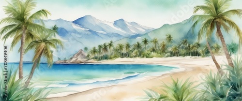 The blue ocean and palm trees on the shore. Green mountains on the background. Watercolor drawing. photo