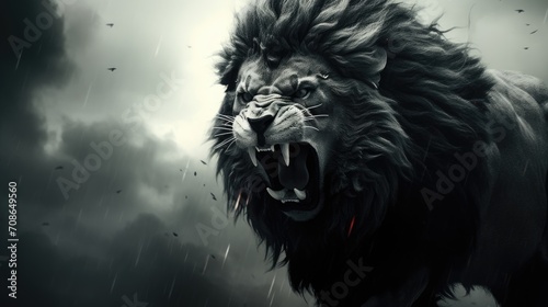 Close-up of the head of an aggressive lion ready to attack. Wild animal in monochrome style. Illustration for cover, card, postcard, interior design, banner, poster, brochure or presentation. photo