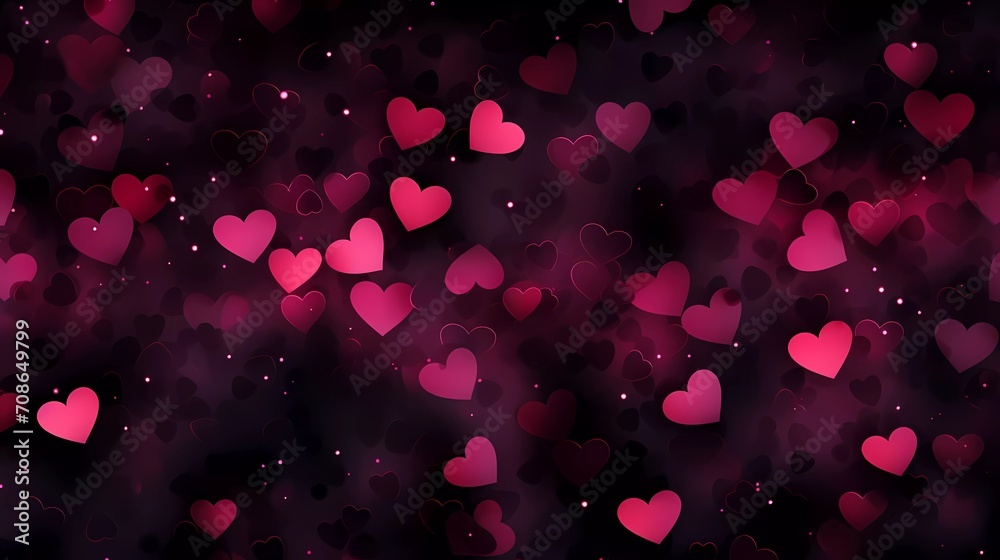 Seamless black and dark night background Valentine card with pink bokeh heart shape. generative ai