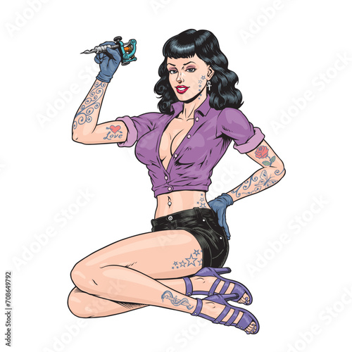 Tattoo artist woman at work isolated on white. Tattooist pretty black haired gothic or hipster girl holding tattoo machine. Vintage style vector illustration.