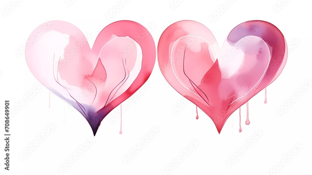 Two hearts with pink watercolor spots. Valentine's day letter. Draw a continuous line. generative ai