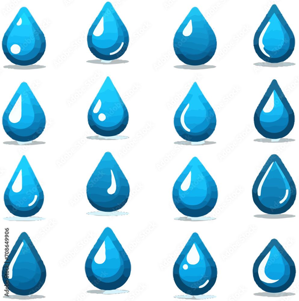 Collection of Blue Water Drop Shapes in Flat Style Assorted Water and Drops, Isolated on White Background