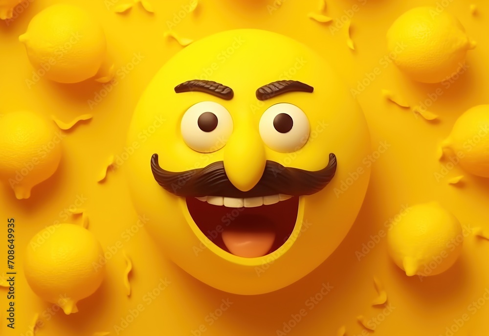 Fototapeta premium A happy and laughing emoticon with a mustache. Social media and communications concept. Abstract emotional face. Facial expression. Sphere. Illustration for banner, poster, cover, brochure, etc