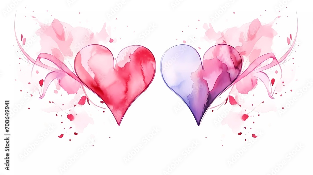 Two hearts with pink watercolor spots. Valentine's day letter. Draw a continuous line. generative ai