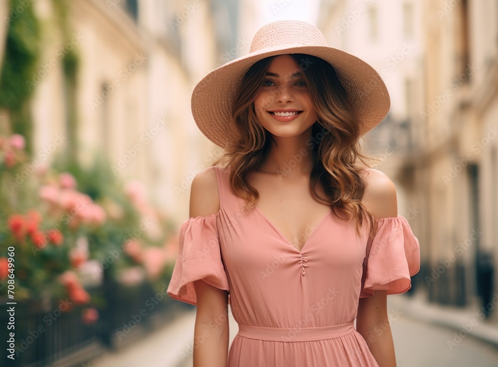 a beautiful woman wearing a straw hat and wearing a pink dress in paris