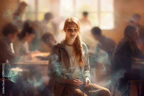 Generative AI creates a compelling image featuring a young school teacher in a classroom. Seated students and motion during the break provide a dynamic backdrop with a subtly blurred background. photo