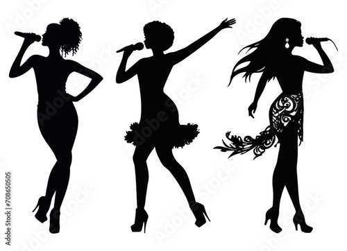 Set of super star women singers, silhouettes performing, vector of female artist singing in karaoke, and showing their talent