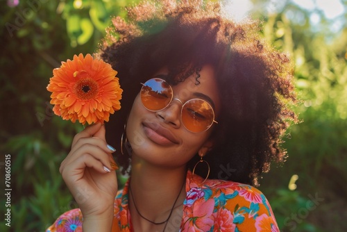 a young woman holding an eye catching flower