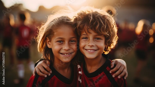 Portrait of two little soccer kids looking at camera and smiling while standing together outdoors