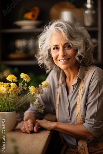 Portrait of a smiling mature woman with gray hair and yellow flowers © duyina1990