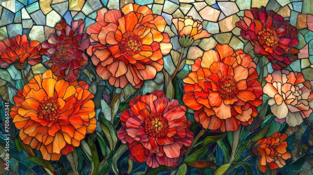 Stained glass window background with colorful Flower and Leaf abstract.	