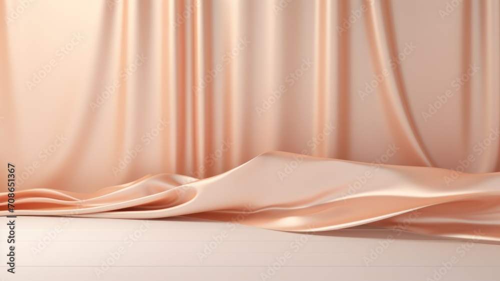 Elegant silver stage with satin soft peach color drapes in background, Premium showcase mockup template for Beauty, Cosmetic, Luxury products, with copy space for text