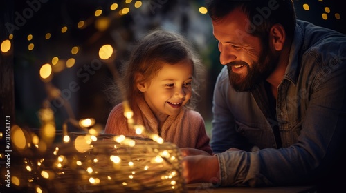 Proud, handsome father shows his little daughter a lightbulb in a backyard installation of fairy lights. © pvl0707