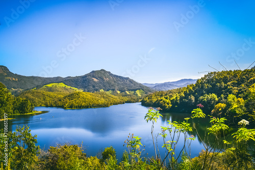 Escape to the serene beauty of nature with this breathtaking view of a large body of water nestled amidst a lush green forest.