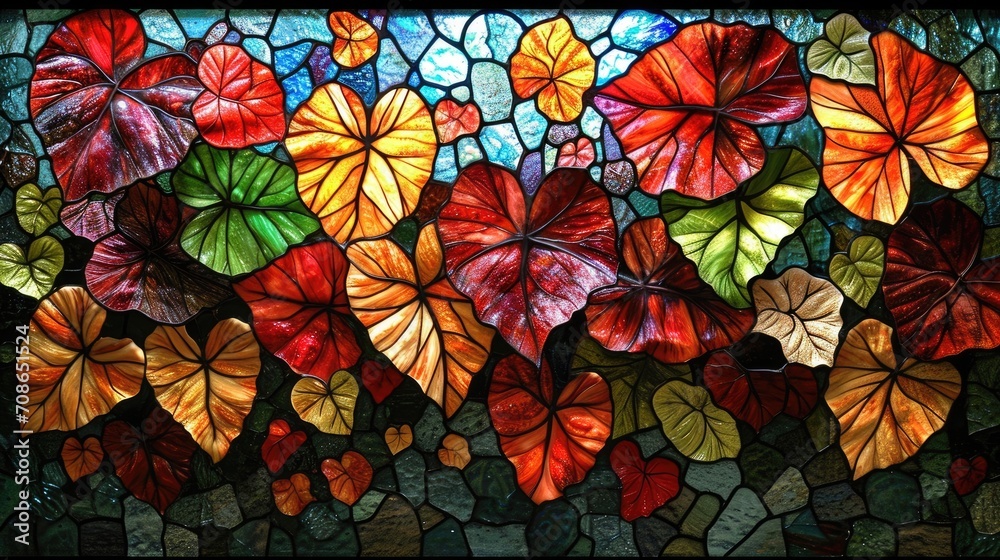Stained glass window background with colorful Flower and Leaf abstract. Stained glass window background with colorful Flower and Leaf abstract.