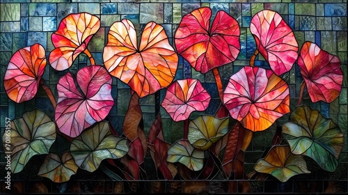 Stained glass window background with colorful Flower and Leaf abstract. 
