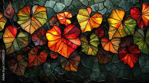 Stained glass window background with colorful Flower and Leaf abstract.  © soysuwan123