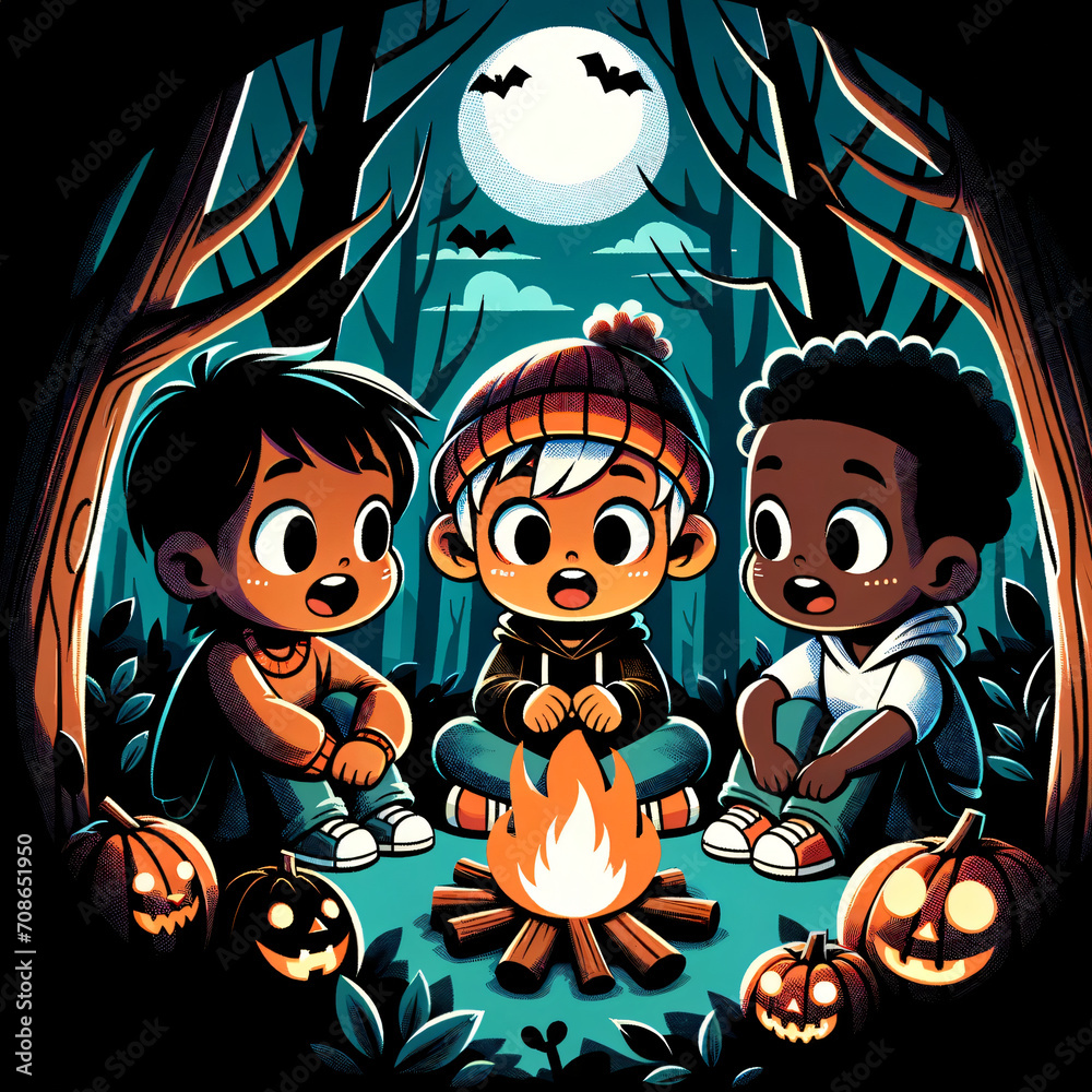 Cartoon vector style illustration that_s childlike, whimsical, and with bold, realistic colors. Depict three kids sitting closely around a campfire