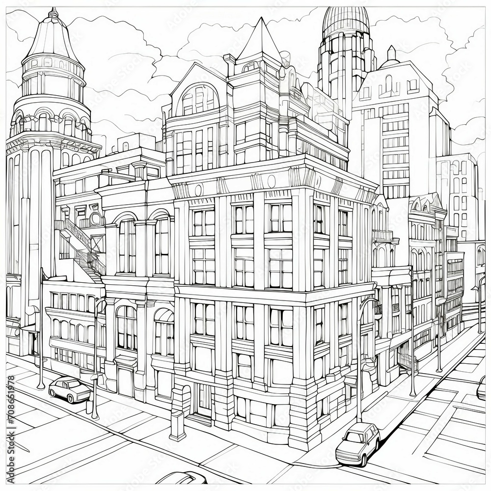 a black and white drawing of a building
